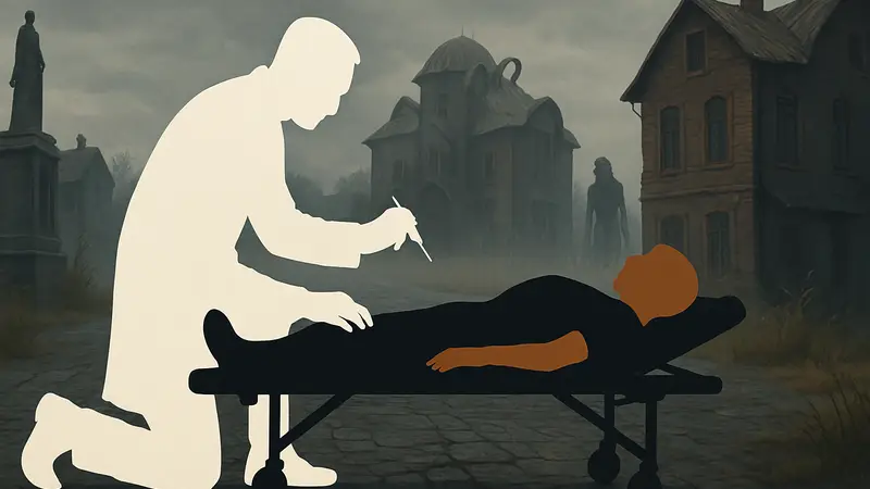 Изображение из игры Pathologic 3, демонстрирующее персонажей или элементы, связанные с лечением или болезнью в необычном контексте.