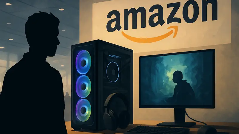 Логотип Amazon и изображение игрового компьютера с аксессуарами