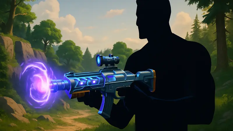 Экзотическая Rift Rifle Foundation из Fortnite в руках игрового персонажа.