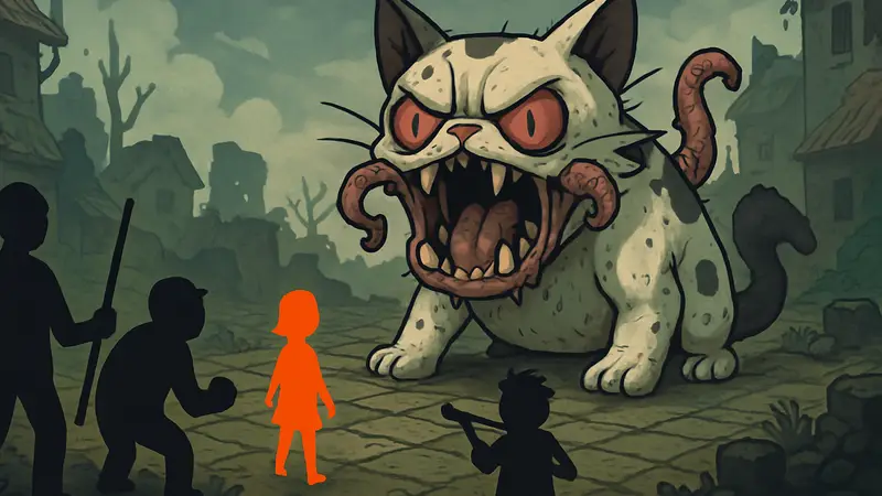 Mewgenics: иллюстрация кота-мутанта и нескольких персонажей на фоне боевого поля