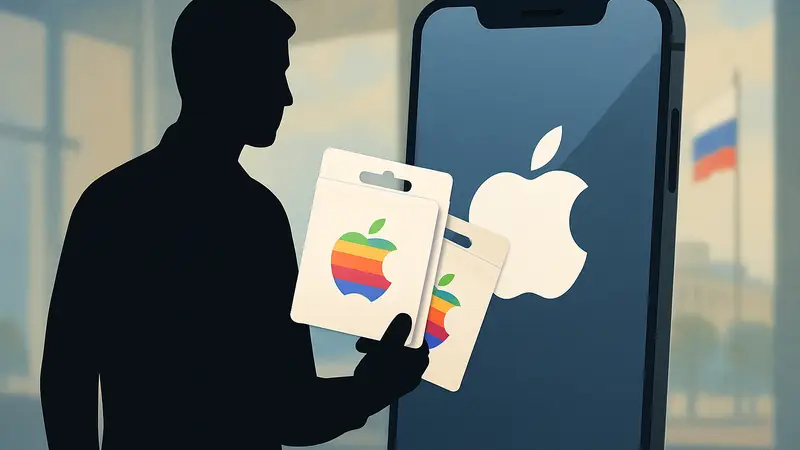 Подарочные карты Apple на фоне смартфона, иллюстрирующие пополнение баланса Apple ID в России.