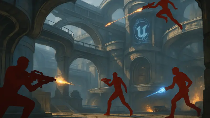 Игроки сражаются на футуристической арене в Unreal Tournament 2004, игра, обновленная фанатами для ПК.