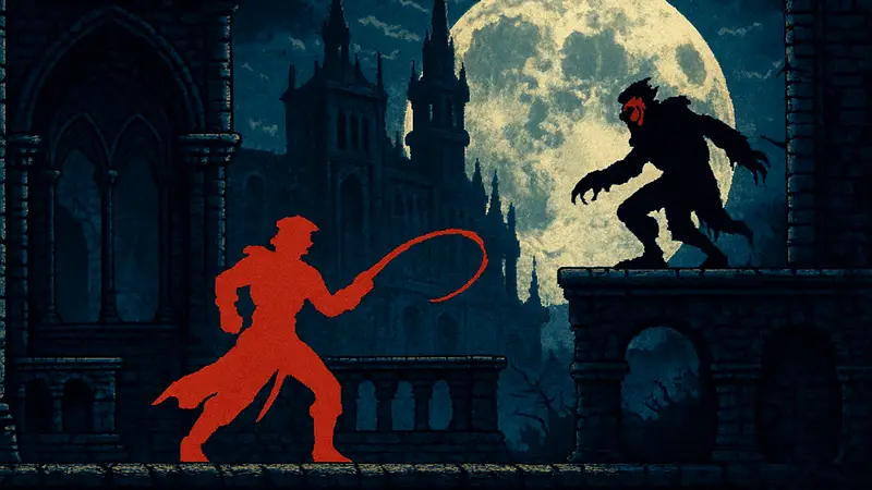 Скриншот из игры Dawnrazor, стилизованной под ретро-Castlevania, с пиксельной графикой и вампирской тематикой.