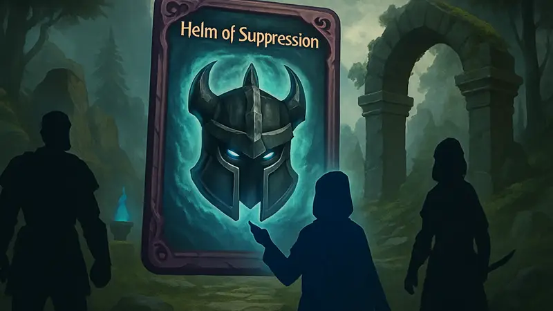 Изображение новой карты Helm of Suppression из игры Riftbound Vendetta, фэнтези.