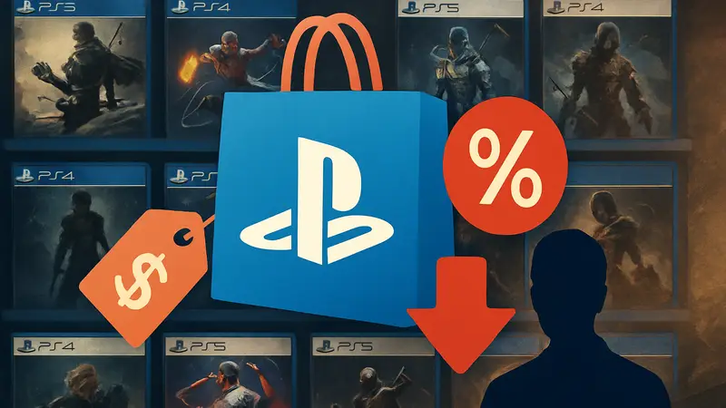 Логотип PlayStation Store с элементами скидок и распродажи, на фоне игр для PS4 и PS5.