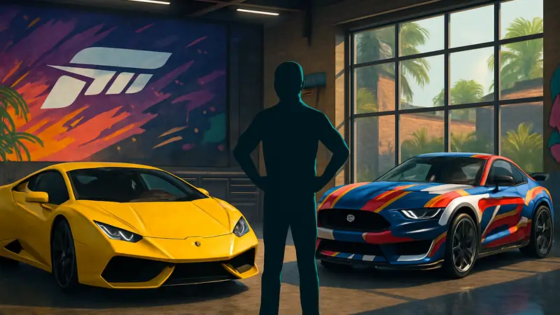 Кастомизированный гараж в Forza Horizon 6 с роскошными автомобилями и уникальным интерьером, созданным игроком.
