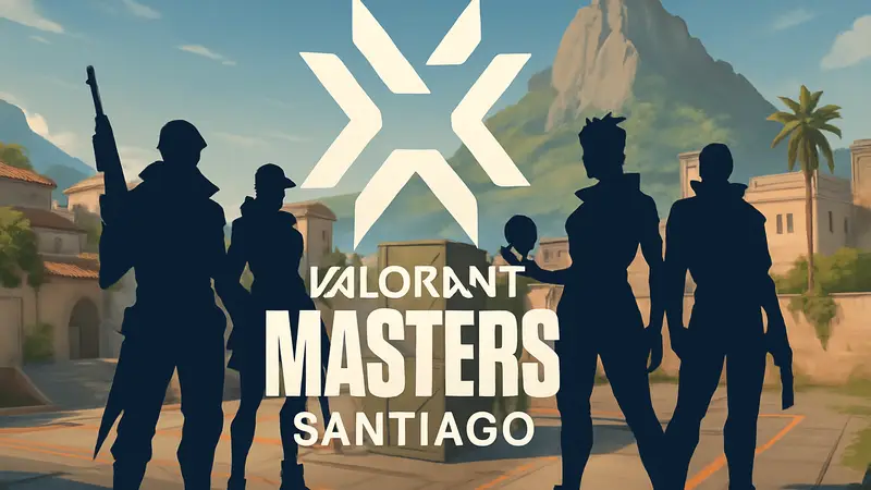 Логотип VALORANT Masters Santiago на фоне игрового поля и силуэтов агентов.