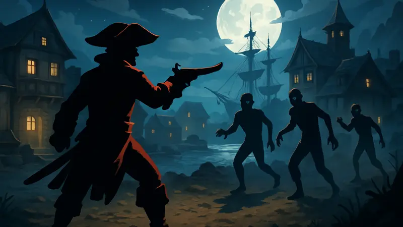 Игровой процесс Blades of Tides: пиратский градостроитель, отбивающийся от ночных зомби.