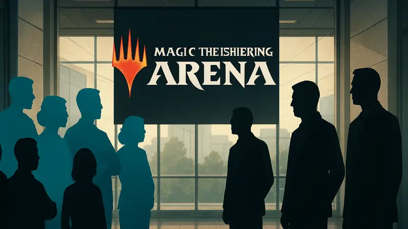 Логотип Magic: The Gathering Arena на фоне представителей профсоюза и компании Wizards of the Coast.