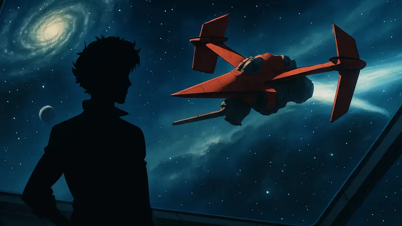 Сцена из аниме Cowboy Bebop с кораблём Bebop, летящим в космосе, или из другого аниме 90-х
