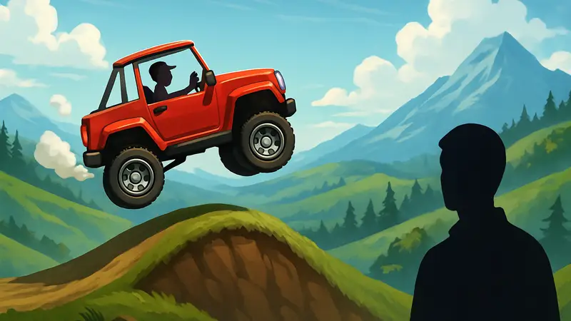 Скриншот игрового процесса Hill Climb Racing 3 с автомобилем на холмистой трассе