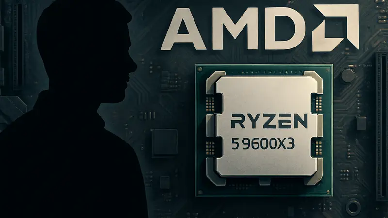Процессор AMD Ryzen 5 9600X3D на фоне логотипа AMD и материнской платы.