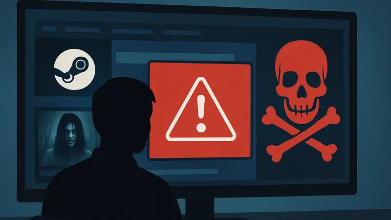 Экран Steam, предупреждение о вирусе, иконка игры-хоррора, символ киберугрозы.