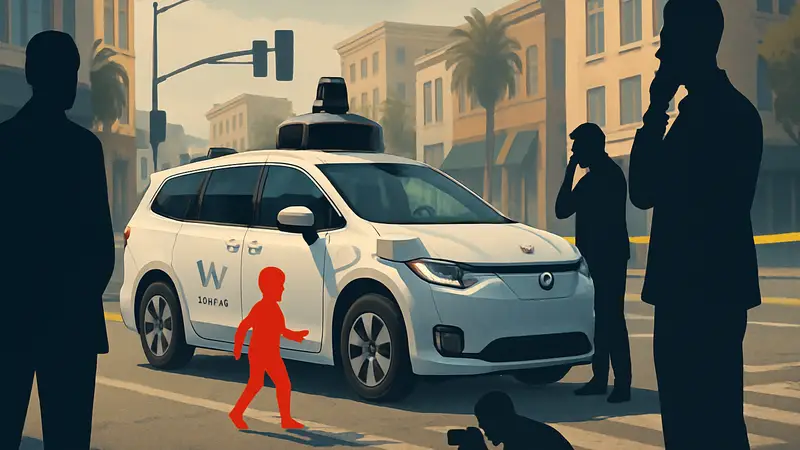 Роботакси Waymo на улице города после инцидента с ребёнком, идёт расследование безопасности автономного транспорта.