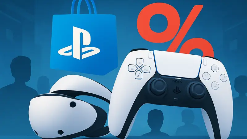 Игровые контроллеры DualSense и гарнитура PSVR 2 на фоне логотипа PlayStation Store со скидочным знаком.