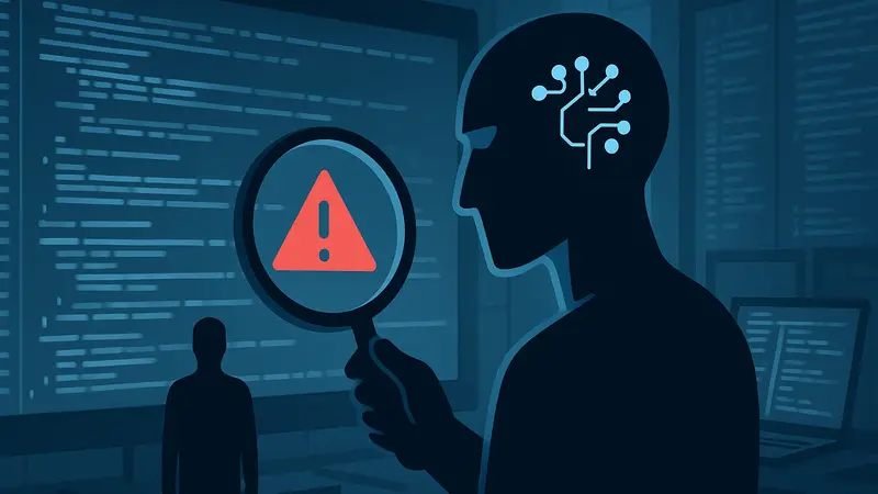 Изображение, символизирующее искусственный интеллект, сканирующий код на предмет уязвимостей.