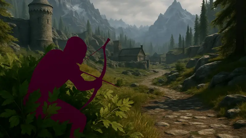 Скриншот из игры Skyrim, на котором персонаж прячется в кустах, используя новый мод для скрытности.