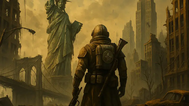 Разрушенный Нью-Йорк в стиле Fallout, с узнаваемыми достопримечательностями и признаками постапокалипсиса.