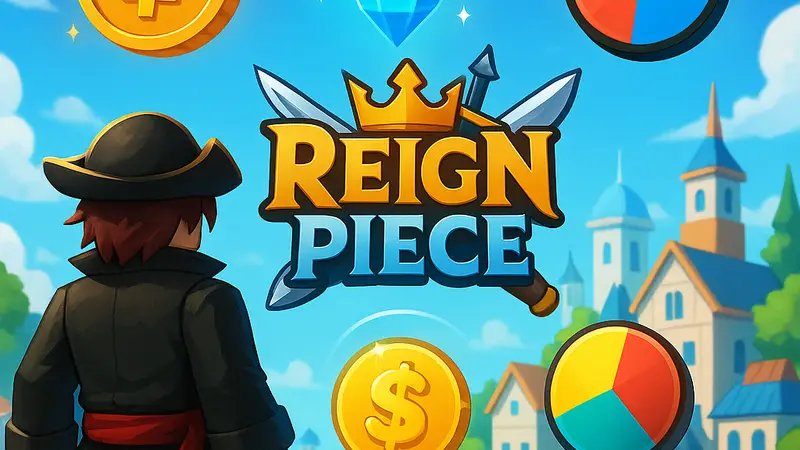 Логотип игры Reign Piece на фоне игрового мира Roblox с иконками бонусов.