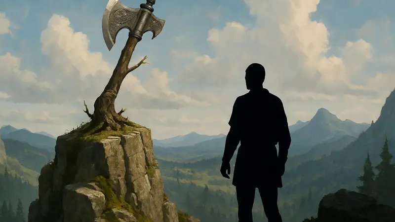 Великий топор Кайлуса, застрявший в дереве на вершине скалы в Crimson Desert.