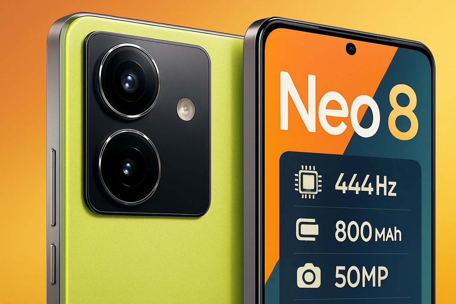 Смартфон Realme Neo 8 крупным планом, демонстрирующий блок камер и экран с характеристиками.