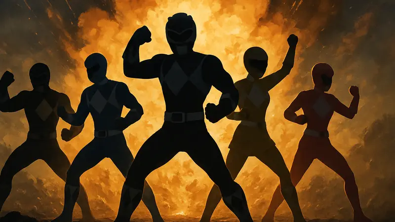 Рейнджеры Power Rangers в героических позах на фоне взрыва, иллюстрирующие скандалы франшизы.