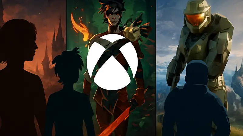 Логотип Xbox Game Pass на фоне скриншотов из игр Clair Obscur, Hades 2 и Halo