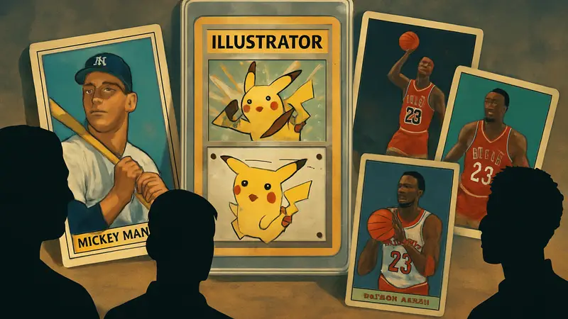 Изображение самых дорогих коллекционных карт, включая Pikachu Illustrator и карты спортсменов.