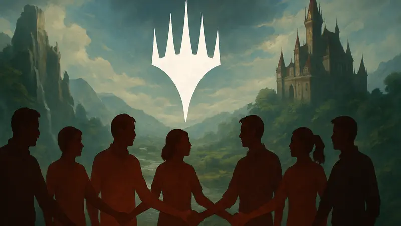 Логотип Magic: The Gathering Arena на фоне силуэтов разработчиков, символизирующих объединение в профсоюз