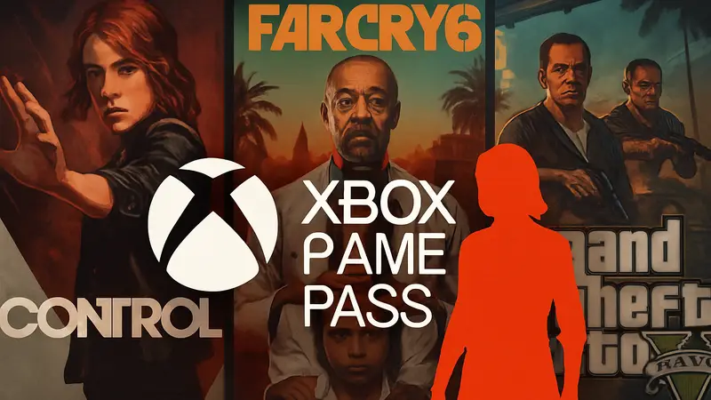 Логотип Xbox Game Pass на фоне обложек игр Control, Far Cry 6 и Grand Theft Auto V, которые скоро исчезнут.