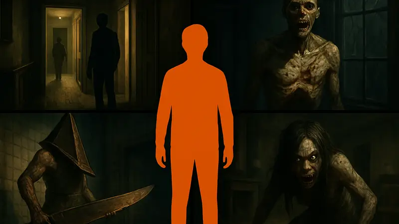 Коллаж из скриншотов страшных моментов в хоррор-играх, иллюстрирующий неожиданные повороты