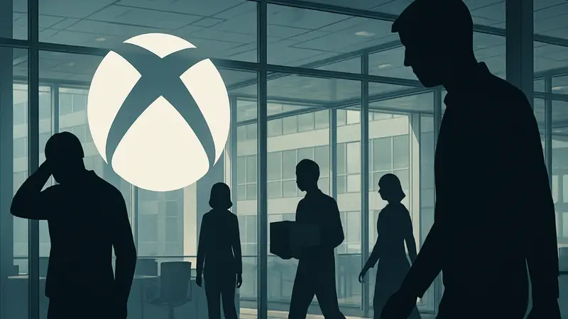 Логотип Xbox на фоне офиса, символ грядущих увольнений и реорганизации в Microsoft Gaming