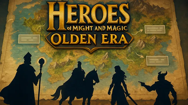 Логотип Heroes of Might and Magic: Olden Era на фоне карты развития с указанием будущих обновлений и контента