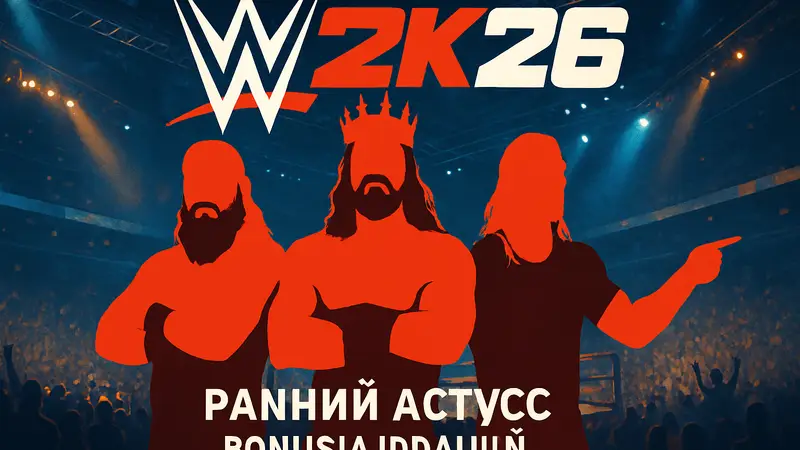 Обложка игры WWE 2K26 с известными рестлерами, рекламирующая ранний доступ и бонусы изданий.