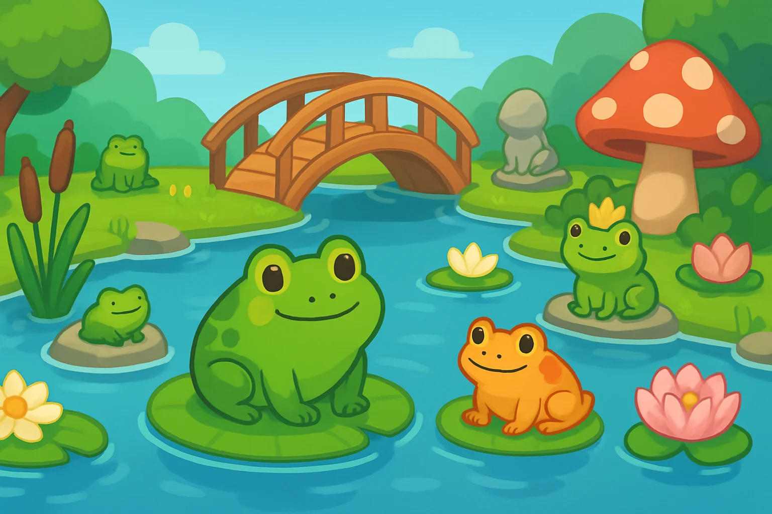 Скриншот или арт из игры My Frog Pond, показывающий пруд с лягушками и разнообразными декорациями.