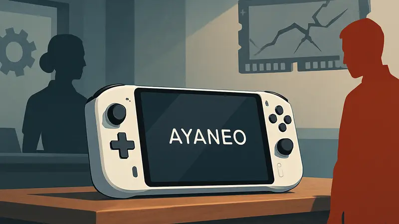 Логотип Ayaneo на портативном игровом ПК, символизирующий улучшение сервиса и проблемы с памятью.