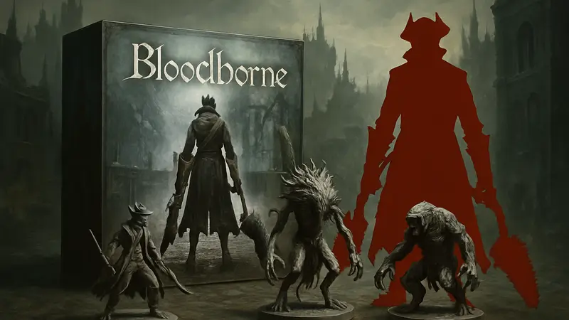 Настольная игра Bloodborne: коробка, миниатюры охотников и монстров из Ярнама