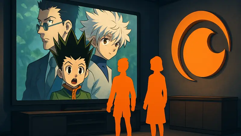 Логотип или персонажи аниме Hunter x Hunter на фоне сервиса Crunchyroll.