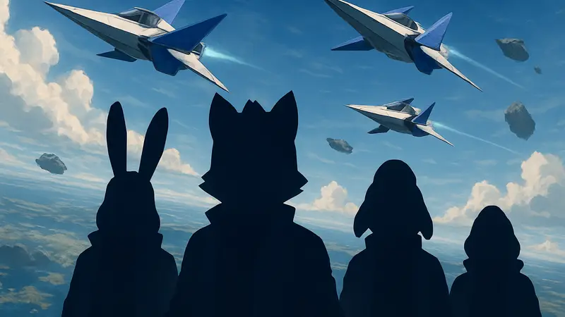 Фокс МакКлауд и команда Star Fox в своих космических истребителях Arwing.