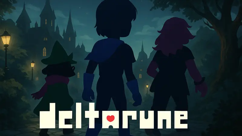 Скриншот из игры Deltarune, показывающий главного героя и его спутников. Логотип Deltarune.