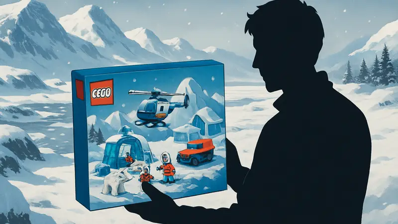 Набор LEGO, возможно, полярной тематики или в упаковке, на фоне заснеженных пейзажей, после долгой доставки