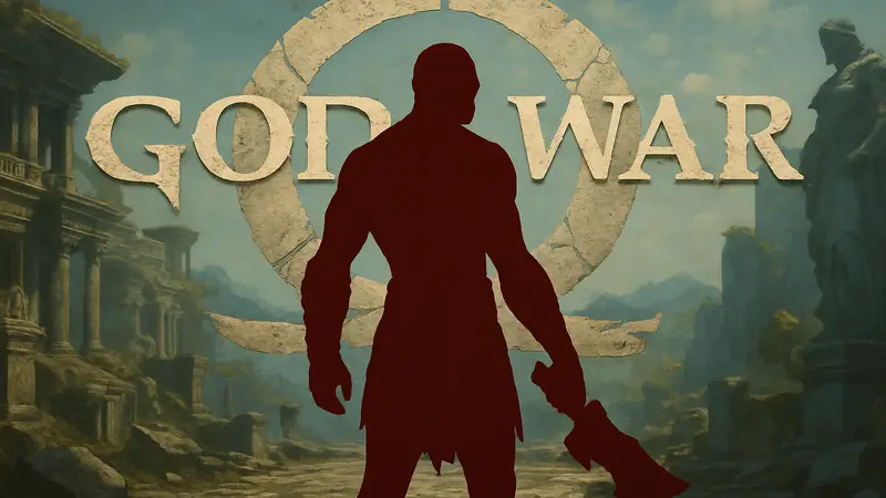 Кратос из оригинальной трилогии God of War, на фоне логотипа ремейка.