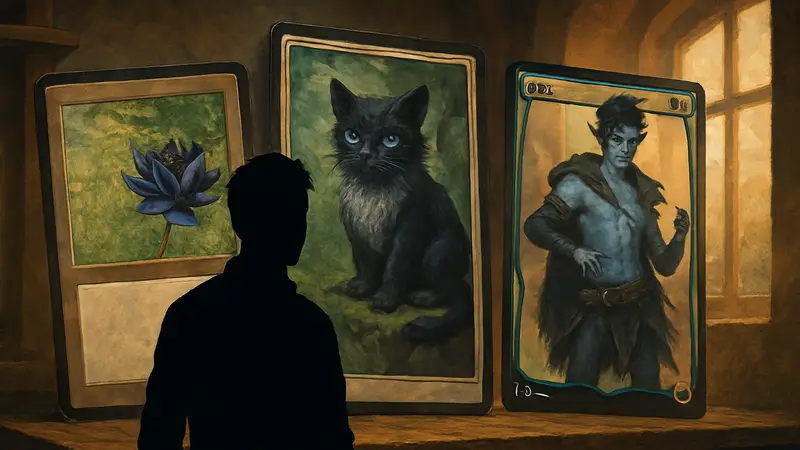 Изображение нескольких "сломанных" карт Magic: The Gathering, таких как Black Lotus или Oko.