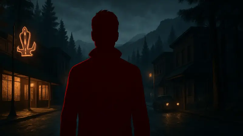 Трейлер игры Silver Pines, тёмный городок в стиле «Твин Пикс», главный герой хоррора.