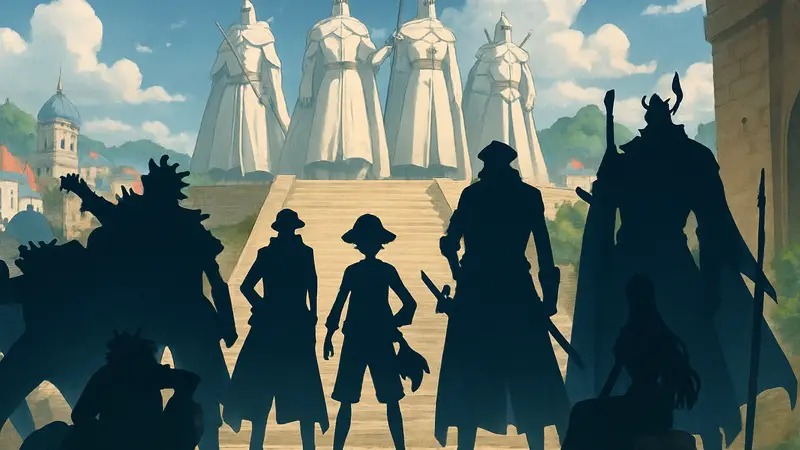 Эпическая иллюстрация из One Piece с изображением нескольких могущественных групп и персонажей, возможно, Святых Рыцарей на заднем плане.
