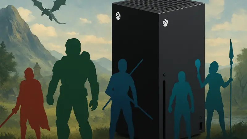 Консоль Xbox Series X, на фоне  которой изображены концепты гипотетических эксклюзивных игровых проектов.