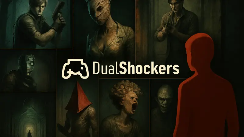 Обложки культовых хоррор-игр, логотип DualShockers, жанр ужасов.