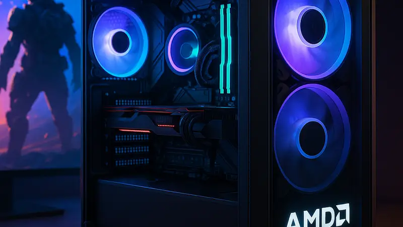 Игровой настольный компьютер с подсветкой и логотипом AMD, демонстрирующий мощную конфигурацию.