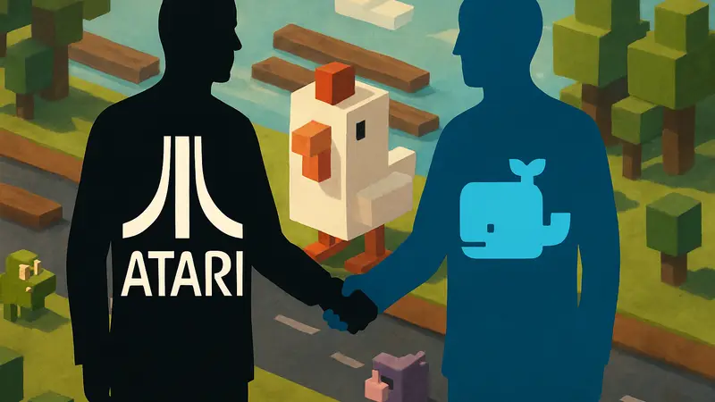 Логотипы Atari и Hipster Whale с персонажами из игры Crossy Road, символизирующие приобретение студии.