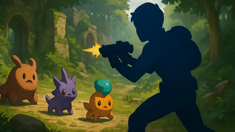 Игровой процесс Voidling Bound: персонаж стреляет, рядом существа, стилистика Pokemon и шутер.